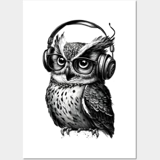 Owl Drawing Wearing Headphones Posters and Art